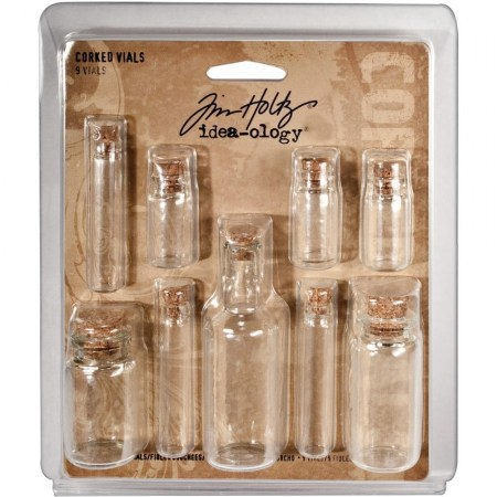 Набор декоративных стеклянных прозрачных бутылочек, 9 штук, Idea-Ology Corked Glass Vials, Tim Holtz, купить - БлагоЛис
