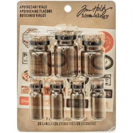 Набор декоративных бутылочек из темного стекла, 7 штук + 13 наклеек, Idea-Ology Corked Glass Vials, Tim Holtz  , купить - БлагоЛис