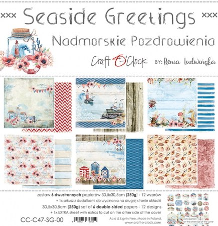Набор двусторонней бумаги SEASIDE GREETINGS, 30,5 х 30,5 см, 6 листов + бонус, плотность 250 грамм, ТМ Craft O'Clock, купить - БлагоЛис