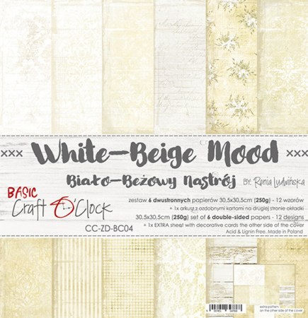 Набор фоновой бумаги WHITE-BEIGE MOOD, 30,5 х 30,5 см, 6 двусторонних листов + бонус, плотность 250 грамм, ТМ Craft O'Clock, купить - БлагоЛис
