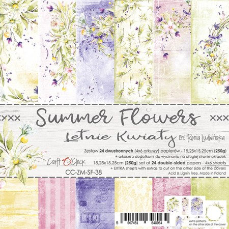 1/2 Набора бумаги SUMMER FLOWERS, 15,3 х 15,3 см, 12 двусторонних листов + бонус, плотность 250 грамм, ТМ Craft O'Clock, купить - БлагоЛис