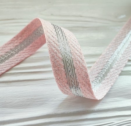 Тесьма твидовая с серебряной дорожкой 25 мм., цвет розовый, DIY Ribbon's, цена за 1 ярд ( 90 см ), купить - БлагоЛис