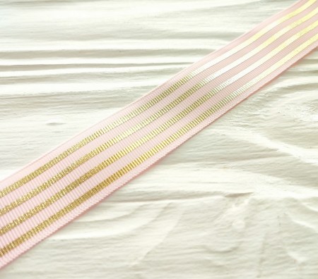 Репсовая лента с продольными золотыми полосками 25 мм, цвет розовый, DIY Ribbon's, цена за 1 ярд ( 90 см ), купить - БлагоЛис