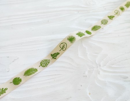 Лента с зеленым принтом "Листья" 15 мм, DIY Ribbon's, цена за 1 ярд ( 90 см ), купить - БлагоЛис