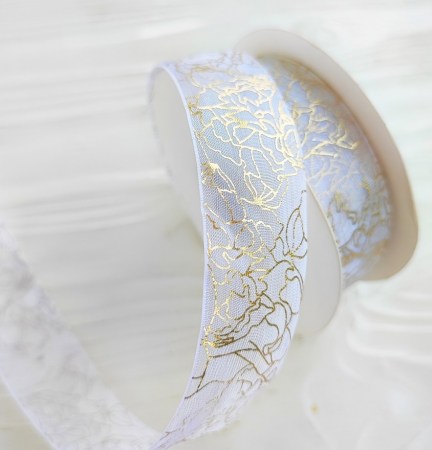 Лента органза белая "Золотые пионы" 25 мм, DIY Ribbon's, цена за 1 ярд ( 90 см ), купить - БлагоЛис