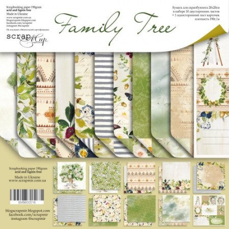 Набор двусторонней бумаги 20 х 20см от Scrapmir Family Tree, 10 листов + лист с карточками, плотность 190 грамм, купить - БлагоЛис