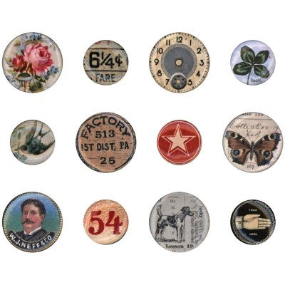 Набор фишек «Mini flair», диаметры 1,5 и 2 см, в наборе 12 штук, ТМ Tim Holtz