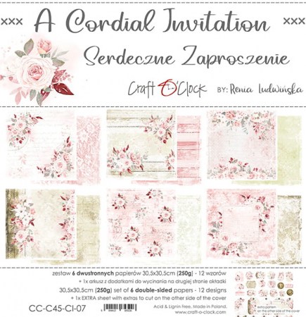 Набор двусторонней бумаги A CORDIAL INVITATION, 30,5 х 30,5 см, 6 листов + бонус, плотность 250 грамм, ТМ Craft O'Clock, купить - БлагоЛис