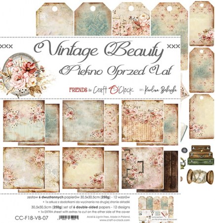 Набор двусторонней бумаги VINTAGE BEAUTY, 30,5 х 30,5 см, 6 листов + бонус, плотность 250 грамм, ТМ Craft O'Clock, купить - БлагоЛис