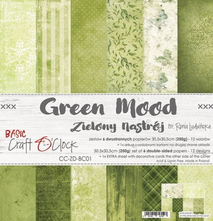 Набор фоновой бумаги GREEN MOOD, 30,5 х 30,5 см, 6 двусторонних листов + бонус, плотность 250 грамм, ТМ Craft O'Clock, купить - БлагоЛис