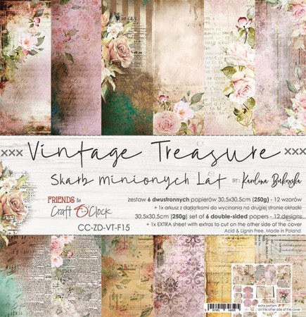 Набор двусторонней бумаги VINTAGE TREASURE, 30,5 х 30,5 см, 6 листов + бонус, плотность 250 грамм, ТМ Craft O'Clock, купить - БлагоЛис