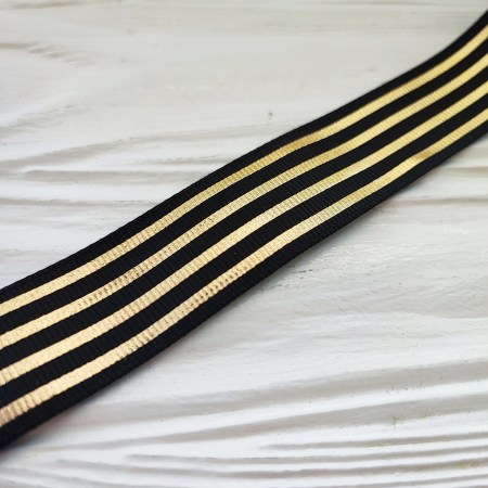 Репсовая лента с продольными золотыми полосками 25 мм, цвет черный, DIY Ribbon's, цена за 1 ярд ( 90 см ), купить - БлагоЛис