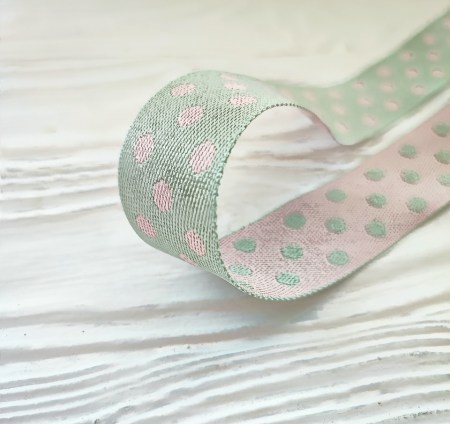 Лента с горошками трикотажная двуцветная 25 мм, цвет серый/розовый, DIY Ribbon's, цена за 1 ярд ( 90 см ), купить - БлагоЛис