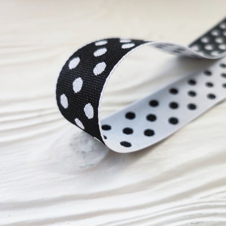 Лента с горошками трикотажная двуцветная 25 мм, цвет черный/белый, DIY Ribbon's, цена за 1 ярд ( 90 см ), купить - БлагоЛис