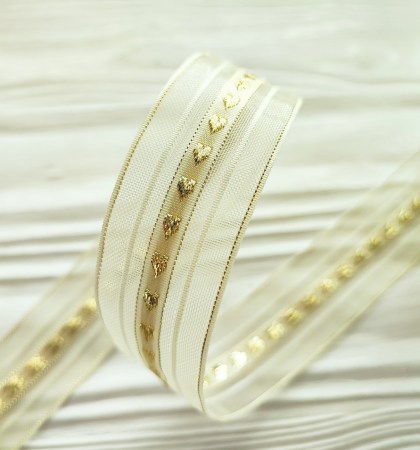 Лента с золотыми сердечками 25 мм, цвет сливочный, DIY Ribbon's, цена за 1 ярд ( 90 см ), купить - БлагоЛис