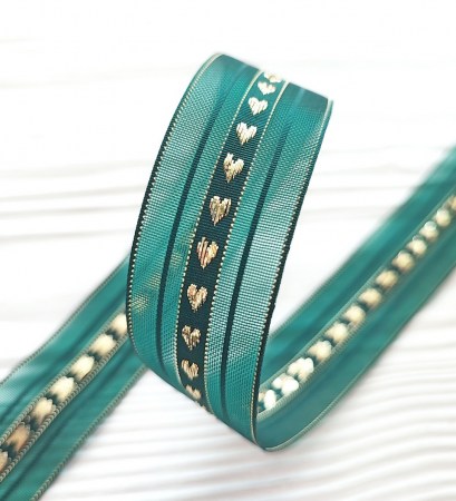 Лента с золотыми сердечками 25 мм, цвет темно-зеленый, DIY Ribbon's, цена за 1 ярд ( 90 см ), купить - БлагоЛис