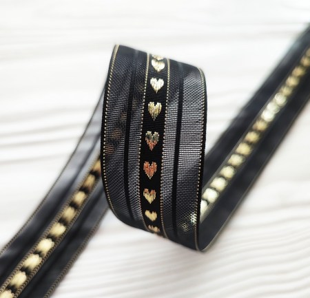Лента с золотыми сердечками 25 мм, цвет черный, DIY Ribbon's, цена за 1 ярд ( 90 см ), купить - БлагоЛис