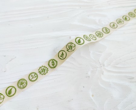 Лента с зеленым принтом "Штампы" 15 мм, DIY Ribbon's, цена за 1 ярд ( 90 см ), купить - БлагоЛис