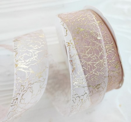 Лента органза розовая "Золотые пионы" 25 мм, DIY Ribbon's, цена за 1 ярд ( 90 см ) , купить - БлагоЛис