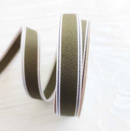 Лента с серебряной строчкой по краю болотная 15 мм, DIY Ribbon's, цена за 1 ярд ( 90 см ) , купить - БлагоЛис