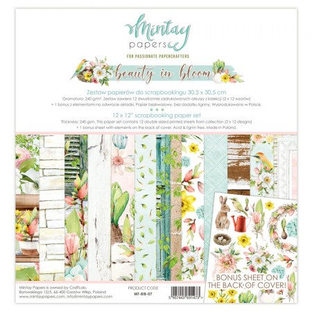 Набор бумаги Beauty in Bloom, 30,5 х 30,5 см, 12 двусторонних листов + лист для вырезания, плотность 240 грамм, ТМ Mintay by Karola   , купить - БлагоЛис