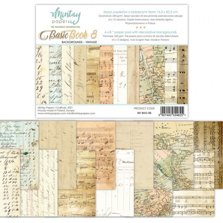 1/2 Набора бумаги для вырезания Basic Book 8 (backgrounds vintage), 15 х 20 см, 12 двусторонних листов + бонус, плотность 240 грамм, ТМ Mintay by Karola, купить - БлагоЛис