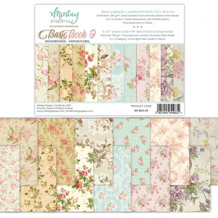 1/2 Набора бумаги для вырезания Basic Book 9 (vintage floral), 15 х 20 см, 12 двусторонних листов + бонус, плотность 240 грамм, ТМ Mintay by Karola, купить - БлагоЛис