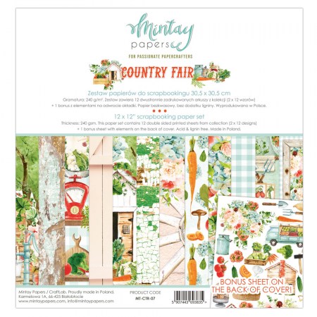 Набор бумаги Country Fair, 30,5 х 30,5 см, 12 двусторонних листов + лист для вырезания, плотность 250 грамм, ТМ Mintay by Karola, купить - БлагоЛис