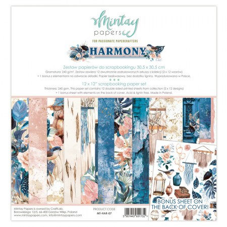 Набор бумаги Harmony, 30,5 х 30,5 см, 12 двусторонних листов + лист для вырезания, плотность 240 грамм, ТМ Mintay by Karola  , купить - БлагоЛис