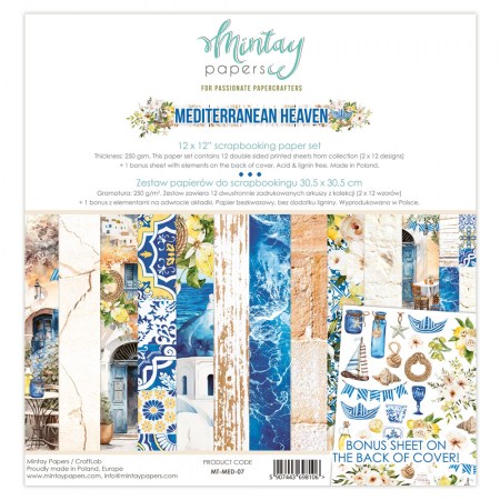 Набор бумаги Mediterranean Heaven, 30,5 х 30,5 см, 12 двусторонних листов + лист для вырезания, плотность 250 грамм, ТМ Mintay by Karola, купить - БлагоЛис