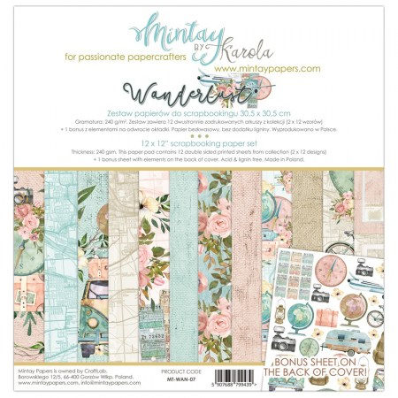Набор бумаги Wanderlust (Страсть к путешествиям), 30,5 х 30,5 см, 12 двусторонних листов + лист для вырезания, плотность 240 грамм, ТМ Mintay by Karola    , купить - БлагоЛис