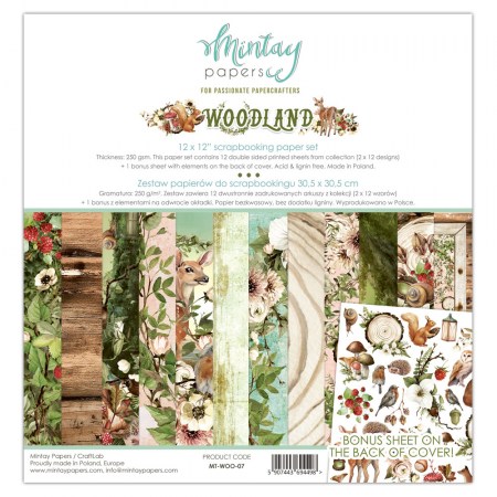 Набор бумаги Woodland, 30,5 х 30,5 см, 12 двусторонних листов + лист для вырезания, плотность 250 грамм, ТМ Mintay by Karola, купить - БлагоЛис